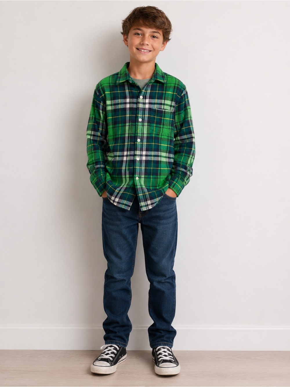 3/$25 GapKids Green Plaid Flannel Cotton Button Front Shirt Size 10 L